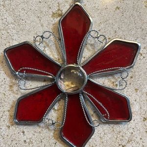 Red burgundy flower stained glass handmade Suncatcher Christmas ornament